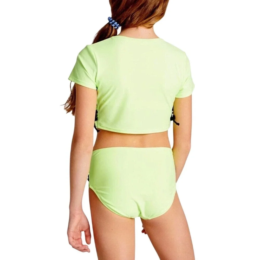 Justice Sport Girls Neon Lime Green‎ Lace Up 2 Piece Swimsuit Set XL 16/18